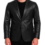 Men's Top Notch Two Button Black Leather Blazer