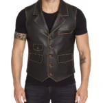 Men's Distressed Brown Leather Biker Vest