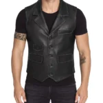 Men's Distressed Black Leather Biker Vest