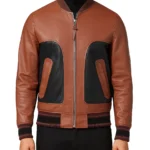 Men's Brown and Black Bomber Leather Jacket