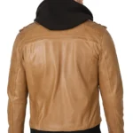 Men's Camel Brown Bomber Leather Jacket Removable Hood - Image 2