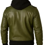Men's Olive Green Bomber Leather Jacket With Removable Hood - Image 2