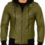 Men's Olive Green Bomber Leather Jacket With Removable Hood