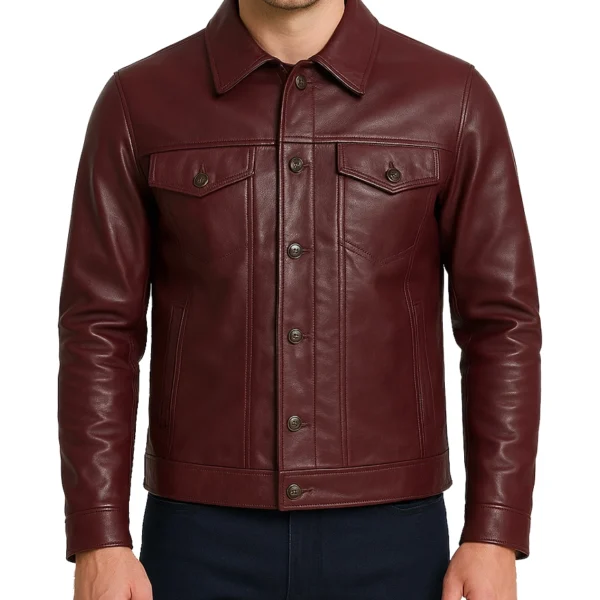 Men's Real Leather Burgundy Trucker Jacket