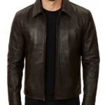 Men's Shirt Collar Classic Distressed Brown Leather Jacket