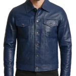 Mens Real Leather Blue Waxed Trucker Jacket