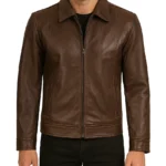 Men's Shirt Collar Brown Leather Jacket