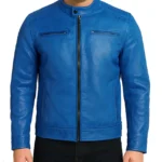 Men's Distressed Blue Cafe Racer Leather Jacket