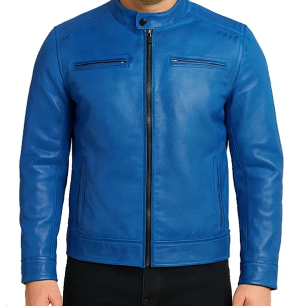 Men's Distressed Blue Cafe Racer Leather Jacket