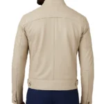 Men's Cafe Racer Beige Leather Jacket Quilted Shoulder - Image 2