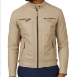 Men's Cafe Racer Beige Leather Jacket Quilted Shoulder