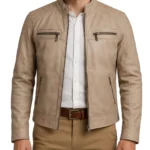 Men's Cafe Racer Beige Warm Waxed Leather Jacket