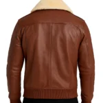 Men’s Cognac Leather Bomber Jacket with Fur Collar - Image 2