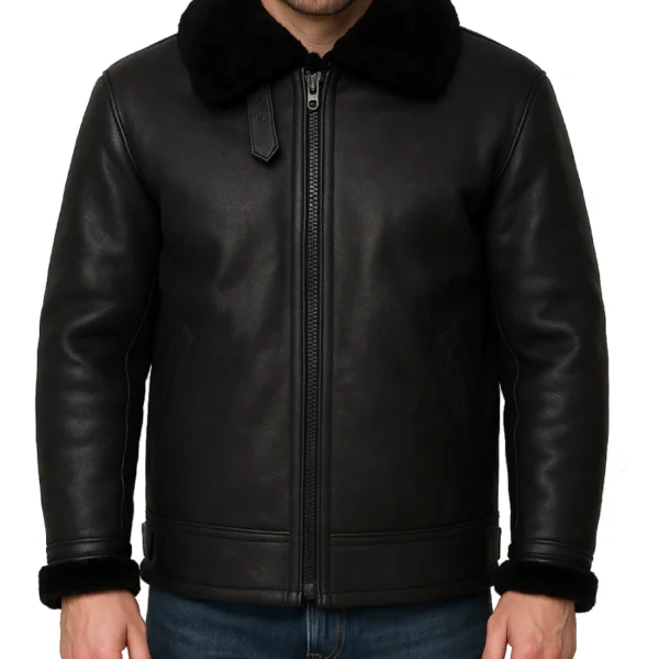 Men's Black Aviator Shearling Leather Jacket with Turn-Down Collar