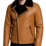 Men's Camel Brown Shearling Moto Leather Jacket