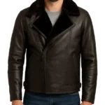 Men's Dark Brown Shearling Leather Moto Jacket - Asymmetrical Shearling Lining