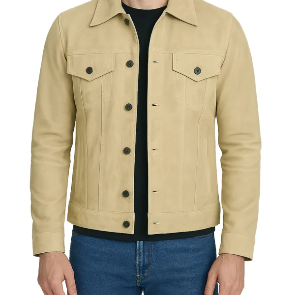 Men's Classic Beige Suede Trucker Style Jacket
