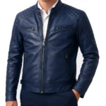 Blue Cafe Racer Leather Jacket for Men