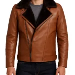 Men's Cognac Leather Shearling Moto Jacket