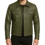 Men's Four Pockets Olive Green Trucker Leather Jacket