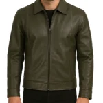 Men's Classic Shirt Collar Olive Green Leather Jacket