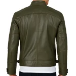 Men's Quilted Shoulder Olive Green Cafe Racer Leather Jacket - Image 2