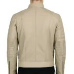 Men's Mandarin Collar Beige Cafe Racer Leather Jacket - Image 2