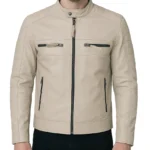 Men's Mandarin Collar Beige Cafe Racer Leather Jacket