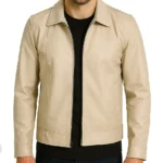 Men's Classic Shirt Collar Beige Leather Jacket