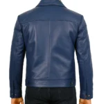 Men's Classic Blue Leather Jacket with Shirt Collar - Image 2