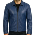 Men's Classic Blue Leather Jacket with Shirt Collar
