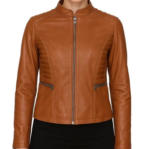 Vintage Quilted Tan Leather Jacket For Women