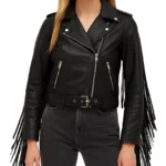 Real Leather Black Biker Fringe Jacket For Women