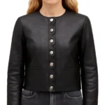 Women's Curvy Edged Front Black Leather Jacket