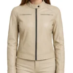 Women's Beige Color Cafe Racer Leather Jacket
