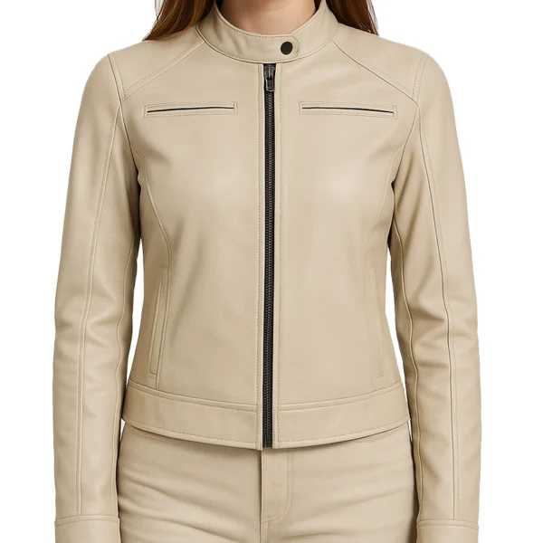 Women's Beige Color Cafe Racer Leather Jacket