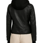 Real Leather Women's Removable Hood Black Bomber Jacket - Image 2