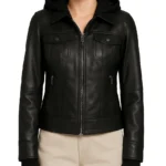 Real Leather Women's Removable Hood Black Bomber Jacket