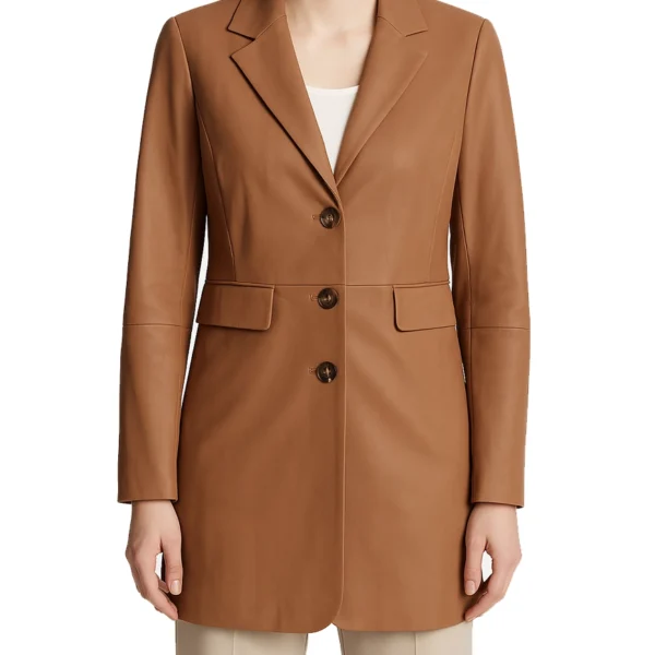 Women's Long Tan Leather Trench coat