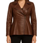 Peplum Style Brown Leather Coat For Women