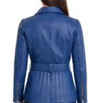 Asymmetrical Women's Blue Leather Biker Coat - Image 2