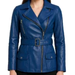 Asymmetrical Women's Blue Leather Biker Coat