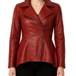 Peplum Style Red Leather Coat For Women