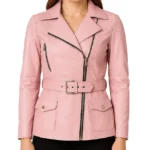 Classic Light Pink Leather Coat For Women