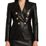 Double Breasted Black Leather Blazer For Women