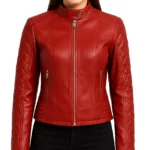 Diamond Quilted Red Leather Biker Jacket For Women