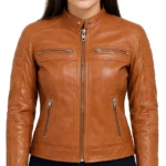 Quilted Tan Leather Cafe Racer Jacket For Women