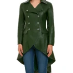 Knee Length Flaired Green Long Leather Coat For Women