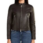 Classic Dark Brown Leather Racer Jacket For Women