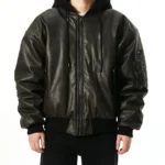 Oversized Leather Bomber Jacket With Hood - Unisex - Image 2